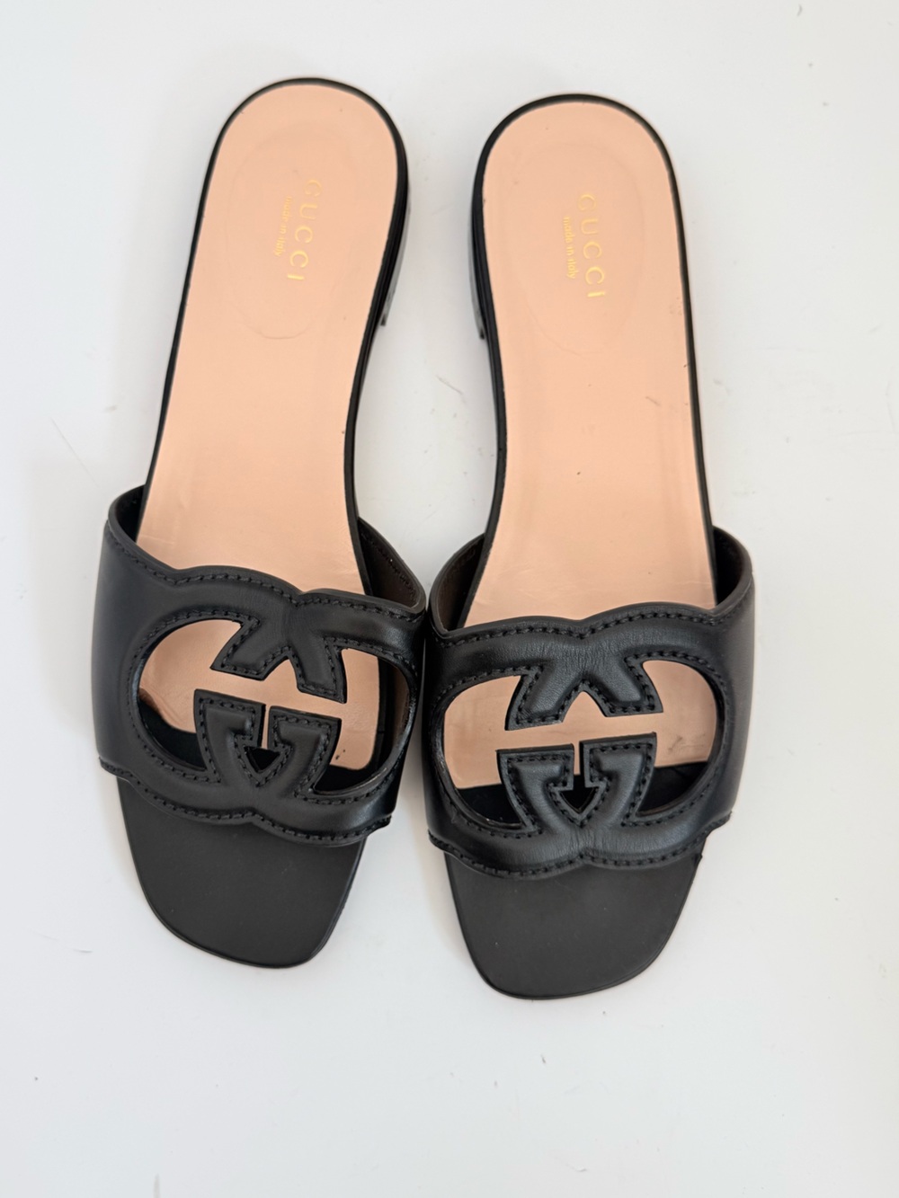 Gucci Love Parade Interlocking G Cutout Black Leather Slide Sandals 39